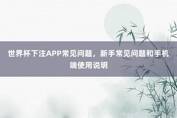 世界杯下注APP常见问题，新手常见问题和手机端使用说明
